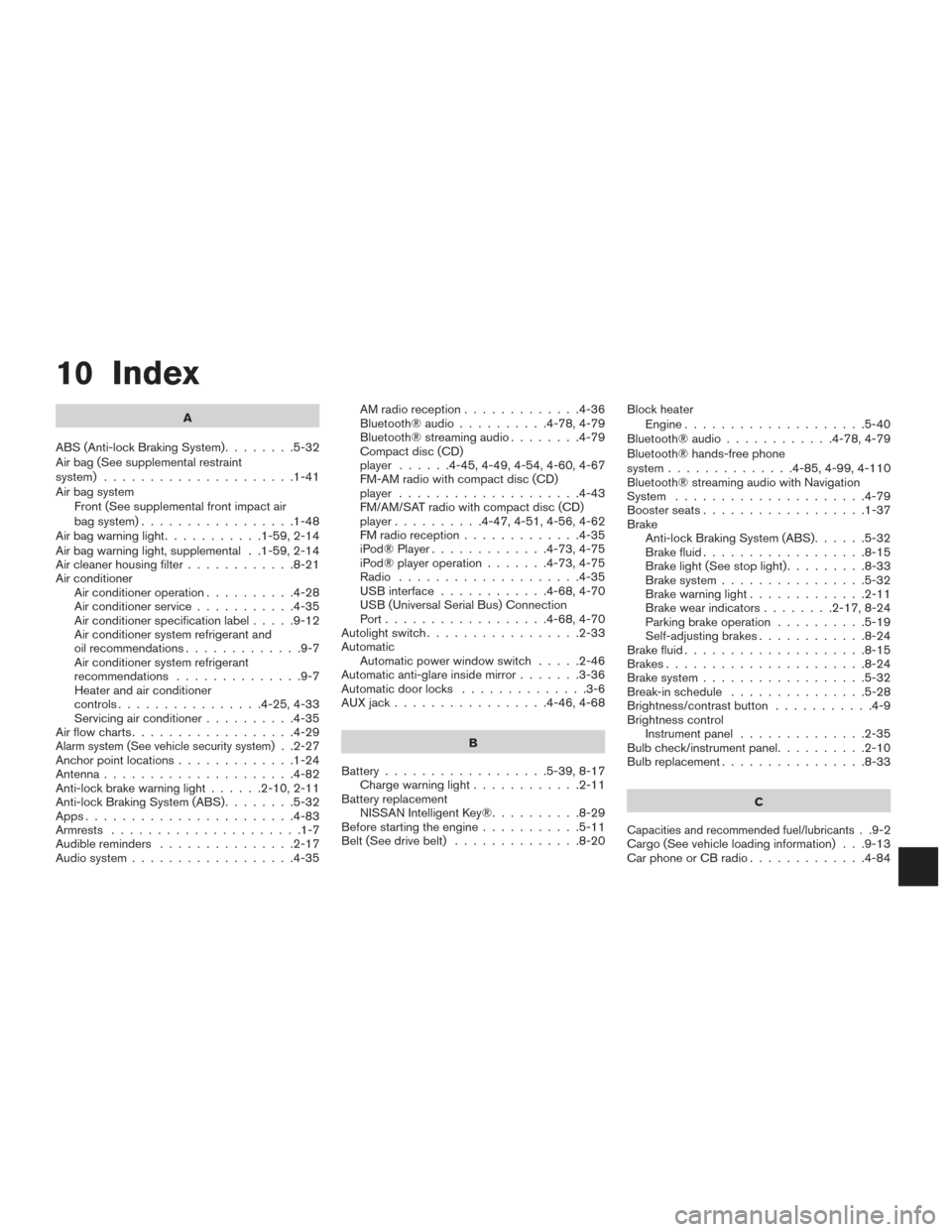 NISSAN ALTIMA 2015 L33 / 5.G Owners Manual 10 Index
A
ABS (Anti-lock Braking System) ........5-32
Air bag (See supplemental restraint
system) .....................1-41
Air bag system Front (See supplemental front impact air
bag system) ....... NISSAN ALTIMA 2015 L33 / 5.G Owners Manual 10 Index
A
ABS (Anti-lock Braking System) ........5-32
Air bag (See supplemental restraint
system) .....................1-41
Air bag system Front (See supplemental front impact air
bag system) .......