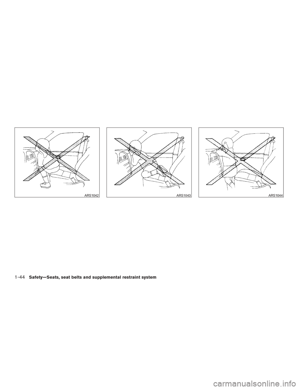 NISSAN ALTIMA 2015 L33 / 5.G Repair Manual ARS1042ARS1043ARS1044
1-44Safety—Seats, seat belts and supplemental restraint system 