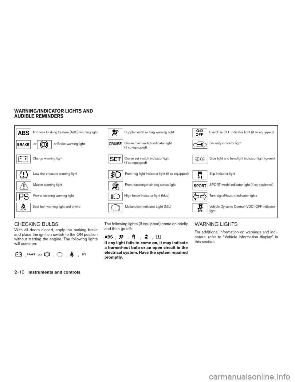 NISSAN ALTIMA 2015 L33 / 5.G Owners Manual Anti-lock Braking System (ABS) warning lightSupplemental air bag warning lightOverdrive OFF indicator light (if so equipped)
oror Brake warning lightCruise main switch indicator light
(if so equipped)