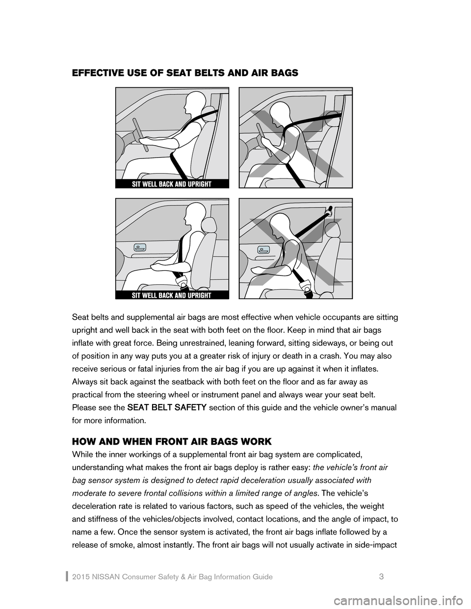 NISSAN ROGUE 2015 2.G Consumer Safety Air Bag Information Guide 2015 NI\f\fAN  Consumer \fafety  & Air Bag Information Guide                                                     \b 
EFFE\fTIVE USE OF SEAT BELTS AND AIR BAGS 
 
 
 
\feat belts and supplemental air b