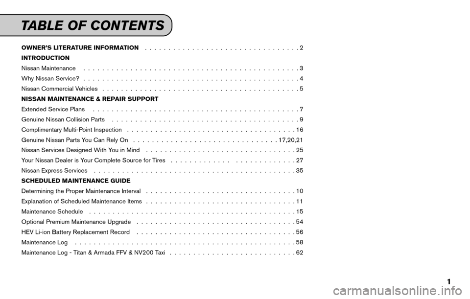 NISSAN SENTRA 2015 B17 / 7.G Service And Maintenance Guide OWNER’S LITERATURE INFORMATION.................................2
INTRODUCTION
Nissan Maintenance ..............................................3
Why Nissan Service? .................................