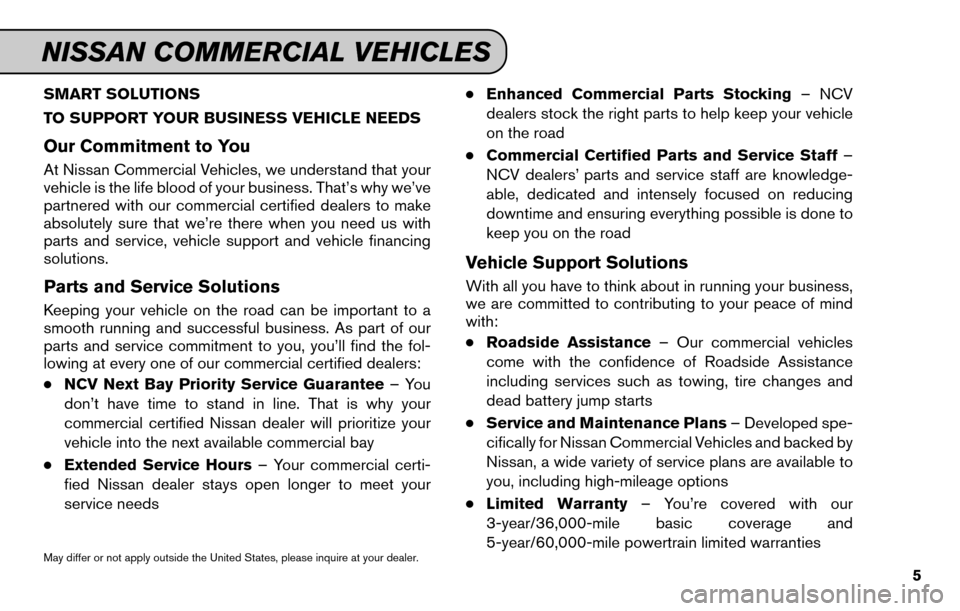 NISSAN SENTRA 2015 B17 / 7.G Service And Maintenance Guide SMART SOLUTIONS
TO SUPPORT YOUR BUSINESS VEHICLE NEEDS
Our Commitment to You
At Nissan Commercial Vehicles, we understand that your
vehicle is the life blood of your business. That’s why we’ve
par