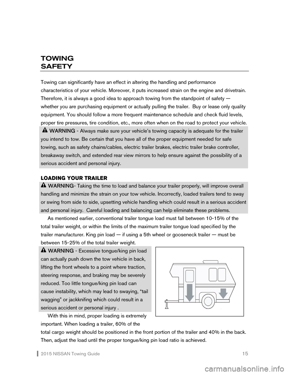 NISSAN QUEST 2015 RE52 / 4.G Towing Guide  2015 NISSAN Towing Guide    15
 
TOWING  
SAFETY 
 
Towing can significantly have an effect in altering the handling and performance 
characteristics of your vehicle. Moreover, it puts increased stra