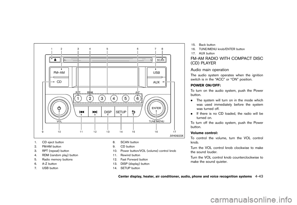 NISSAN 370Z COUPE 2015 Z34 Owners Manual �������
�> �(�G�L�W� ����� �� �� �0�R�G�H�O� �=���� �@
JVH0923X
1. CD eject button
2. FM´AM button
3. RPT (repeat) button
4. RDM (random play) button
5. Radio memory buttons
6. 