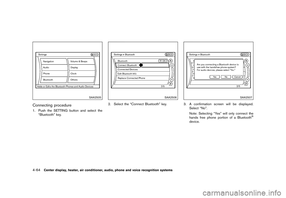 NISSAN 370Z COUPE 2015 Z34 Owners Manual �������
�> �(�G�L�W� ����� �� �� �0�R�G�H�O� �=���� �@
4-64Center display, heater, air conditioner, audio, phone and voice recognition systems
SAA2505
Connecting procedureGUID-57