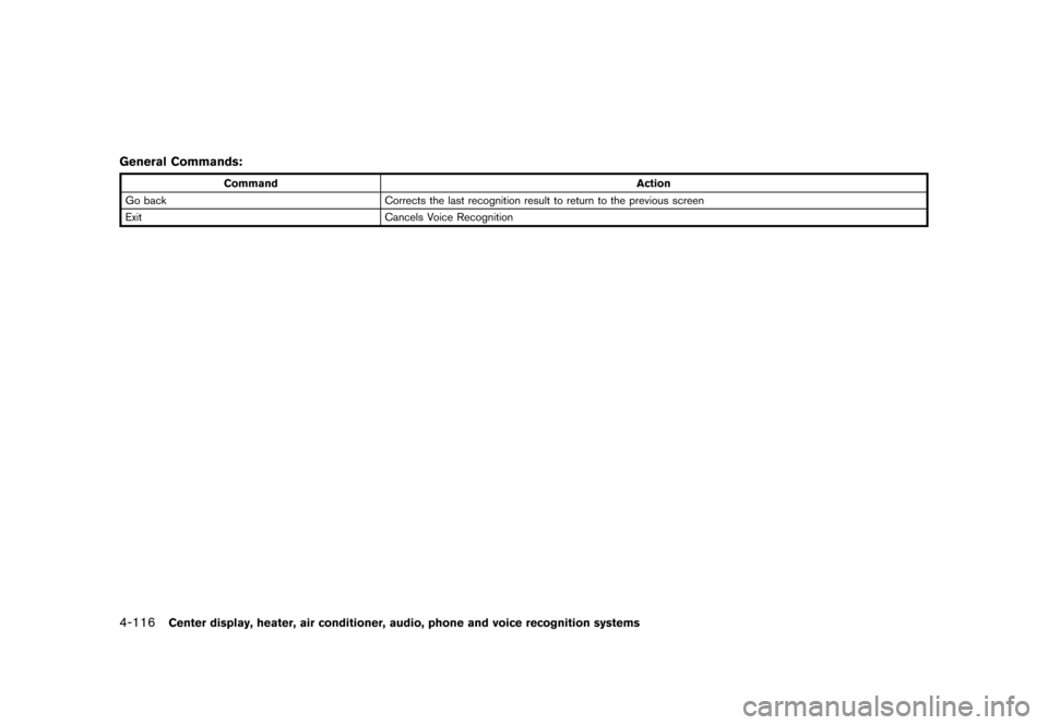NISSAN 370Z COUPE 2015 Z34 Owners Manual �������
�> �(�G�L�W� ����� �� �� �0�R�G�H�O� �=���� �@
4-116Center display, heater, air conditioner, audio, phone and voice recognition systems
General Commands:GUID-D73A39BF-43C