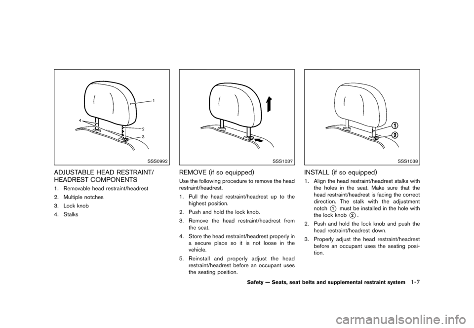 NISSAN 370Z COUPE 2015 Z34 User Guide ������
�> �(�G�L�W� ����� �� �� �0�R�G�H�O� �=���� �@
SSS0992
ADJUSTABLE HEAD RESTRAINT/
HEADREST COMPONENTS
GUID-31273986-74E7-410D-AA91-DE7542C6BB081. Removable head restraint/h