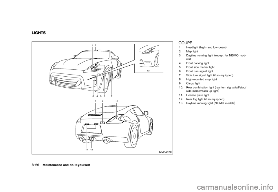 NISSAN 370Z COUPE 2015 Z34 Owners Manual �������
�> �(�G�L�W� ����� �� �� �0�R�G�H�O� �=���� �@
8-26Maintenance and do-it-yourself
GUID-EB65B981-E72F-4FAC-ADF0-40E2A575A79F
JVM0467X
COUPEGUID-D2ED99C7-EF8E-4A18-AFC1-576