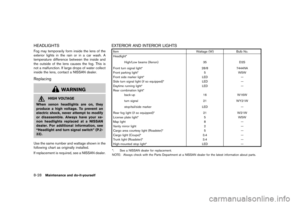 NISSAN 370Z COUPE 2015 Z34 Owners Manual �������
�> �(�G�L�W� ����� �� �� �0�R�G�H�O� �=���� �@
8-28Maintenance and do-it-yourself
HEADLIGHTSGUID-68508CC1-7E92-42CD-BC8E-938EDC02B062Fog may temporarily form inside the l