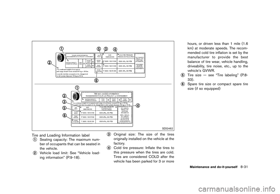 NISSAN 370Z COUPE 2015 Z34 Owners Manual �������
�> �(�G�L�W� ����� �� �� �0�R�G�H�O� �=���� �@
SDI2462
Tire and Loading Information labelGUID-56ABD494-E0A4-462D-BEE8-7AACB684924F*1Seating capacity: The maximum num-
ber