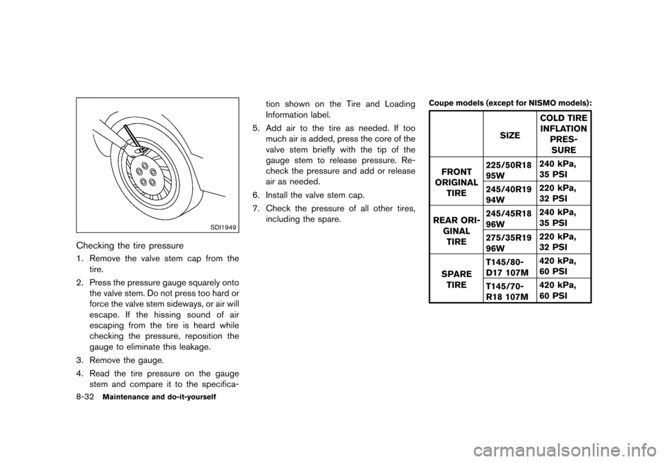 NISSAN 370Z COUPE 2015 Z34 Owners Manual �������
�> �(�G�L�W� ����� �� �� �0�R�G�H�O� �=���� �@
8-32Maintenance and do-it-yourself
SDI1949
Checking the tire pressureGUID-F869270E-E76B-4E6D-B383-8FB9B8C4051F1. Remove the