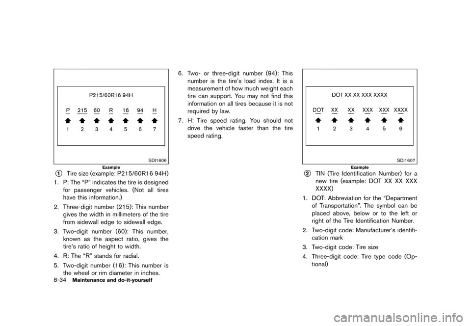 NISSAN 370Z COUPE 2015 Z34 Owners Manual �������
�> �(�G�L�W� ����� �� �� �0�R�G�H�O� �=���� �@
8-34Maintenance and do-it-yourself
SDI1606
Example
*1Tire size (example: P215/60R16 94H)
1. P: The ªPº indicates the tire