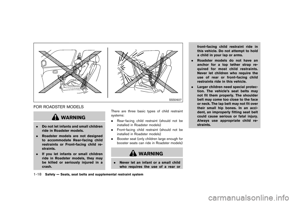 NISSAN 370Z COUPE 2015 Z34 Owners Manual ������
�> �(�G�L�W� ����� �� �� �0�R�G�H�O� �=���� �@
1-18Safety Ð Seats, seat belts and supplemental restraint system
SSS0927
FOR ROADSTER MODELSGUID-23F949C1-3C01-45FB-BD51-DE8