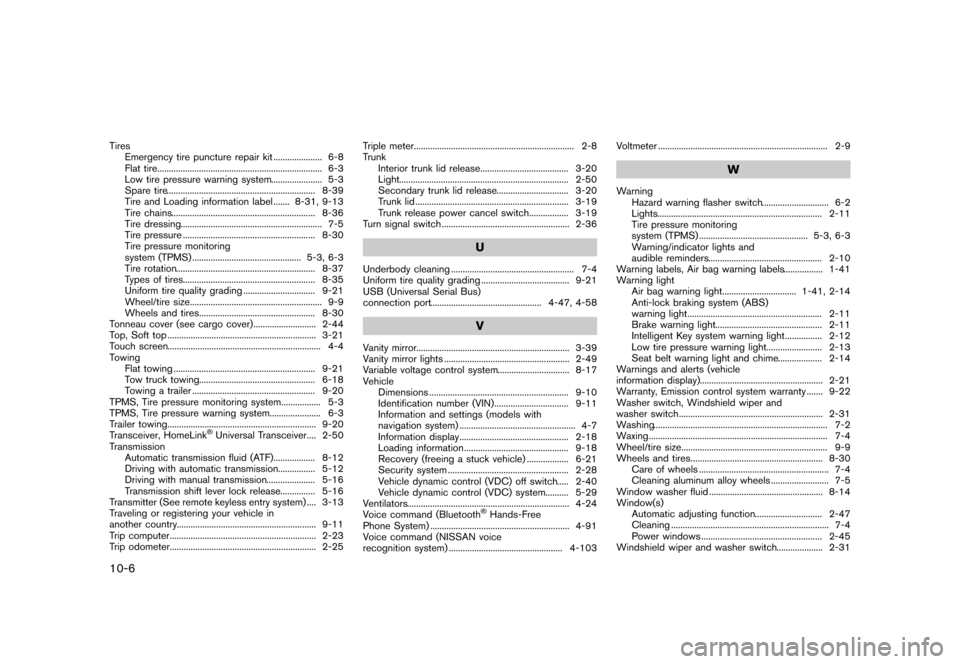 NISSAN 370Z COUPE 2015 Z34 Owners Manual �������
�> �(�G�L�W� ����� �� �� �0�R�G�H�O� �=���� �@
10-6
TiresEmergency tire puncture repair kit ...
..................... 6-8
Flat tire ...
..................................