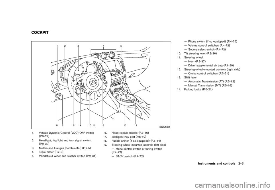 NISSAN 370Z COUPE 2015 Z34 Repair Manual ������
�> �(�G�L�W� ����� �� �� �0�R�G�H�O� �=���� �@
GUID-DACA7269-B34B-4621-8C57-828D42730C1C
SSI0652
1. Vehicle Dynamic Control (VDC) OFF switch(P.5-29)
2. Headlight, fog light