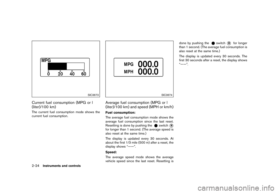 NISSAN 370Z COUPE 2015 Z34 Owners Manual ������
�> �(�G�L�W� ����� �� �� �0�R�G�H�O� �=���� �@
2-24Instruments and controls
SIC3673
Current fuel consumption (MPG or l
(liter)/100 km)
GUID-62859DF5-F2EF-4F4F-877B-911D0BCA