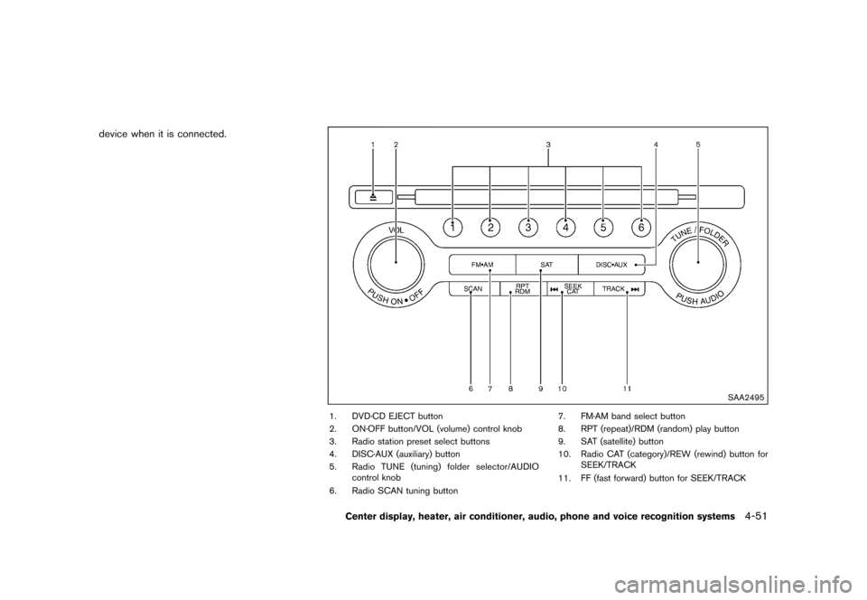 NISSAN 370Z ROADSTER 2015 Z34 User Guide �������
�> �(�G�L�W� ����� �� �� �0�R�G�H�O� �=���� �@
device when it is connected.
SAA2495
1. DVD´CD EJECT button
2. ON´OFF button/VOL (volume) control knob
3. Radio station p