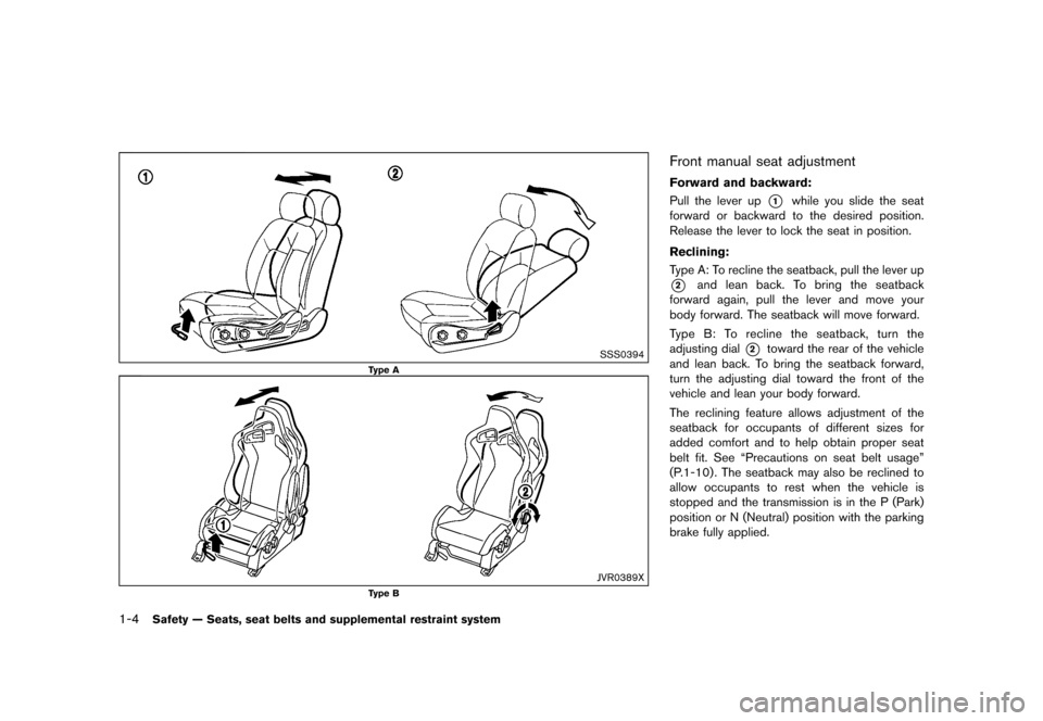 NISSAN 370Z ROADSTER 2015 Z34 Owners Manual ������
�> �(�G�L�W� ����� �� �� �0�R�G�H�O� �=���� �@
1-4Safety Ð Seats, seat belts and supplemental restraint system
SSS0394
Type A
JVR0389X
Type B
Front manual seat adjustmentG