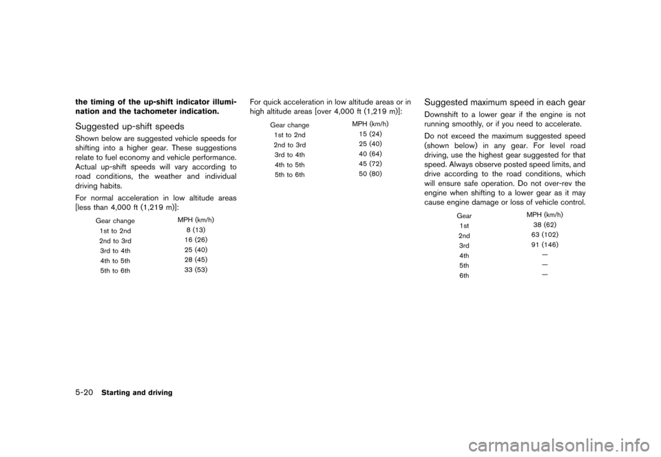 NISSAN 370Z ROADSTER 2015 Z34 Repair Manual �������
�> �(�G�L�W� ����� �� �� �0�R�G�H�O� �=���� �@
5-20Starting and driving
the timing of the up-shift indicator illumi-
nation and the tachometer indication.
Suggested up-sh