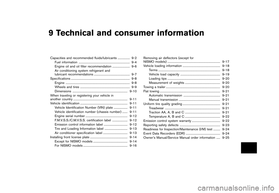 NISSAN 370Z ROADSTER 2015 Z34 Workshop Manual �������
�> �(�G�L�W� ����� �� �� �0�R�G�H�O� �=���� �@
9 Technical and consumer information
Capacities and recommended fluids/lubricants...
................ 9-2
Fuel information 