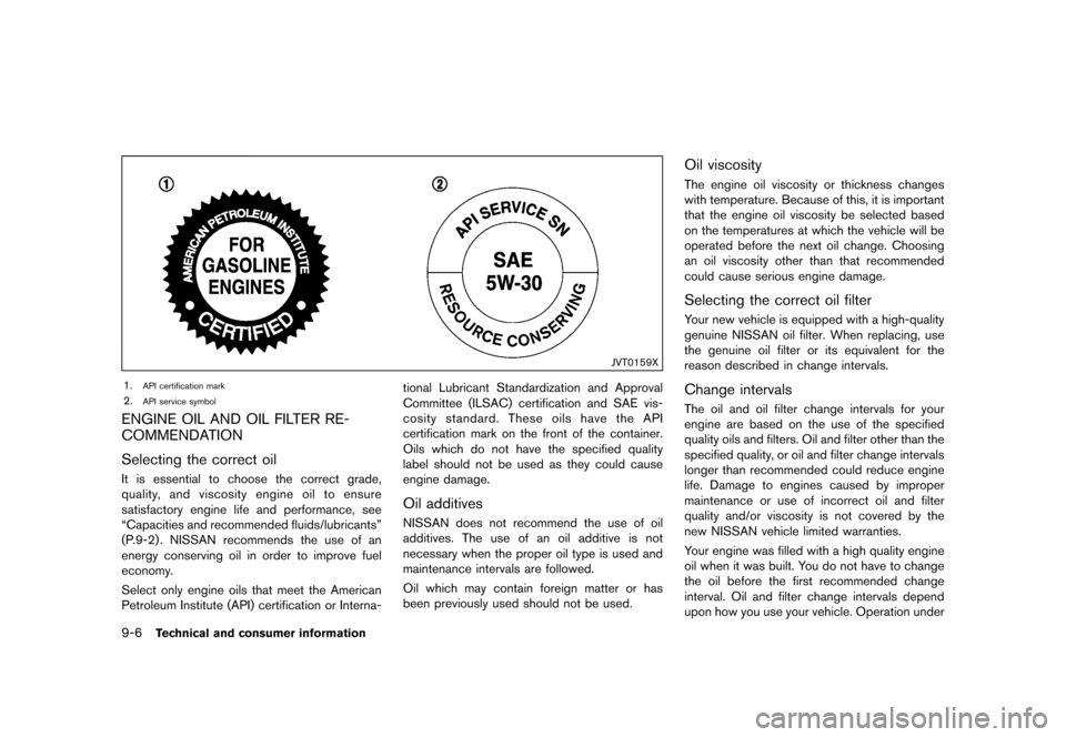 NISSAN 370Z ROADSTER 2015 Z34 Owners Manual �������
�> �(�G�L�W� ����� �� �� �0�R�G�H�O� �=���� �@
9-6Technical and consumer information
JVT0159X
1.API certification mark
2.API service symbol
ENGINE OIL AND OIL FILTER RE-
