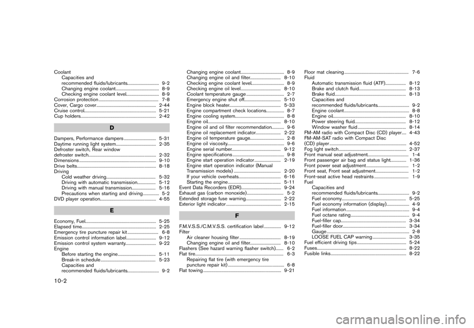 NISSAN 370Z ROADSTER 2015 Z34 Service Manual �������
�> �(�G�L�W� ����� �� �� �0�R�G�H�O� �=���� �@
10-2
CoolantCapacities and
recommended fluids/lubricants ...
............................ 9-2
Changing engine coolant ...
.