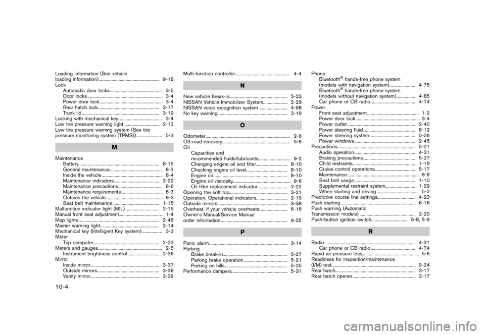 NISSAN 370Z ROADSTER 2015 Z34 Manual PDF �������
�> �(�G�L�W� ����� �� �� �0�R�G�H�O� �=���� �@
10-4
Loading information (See vehicle
loading information)...
.................................................... 9-18
Loc