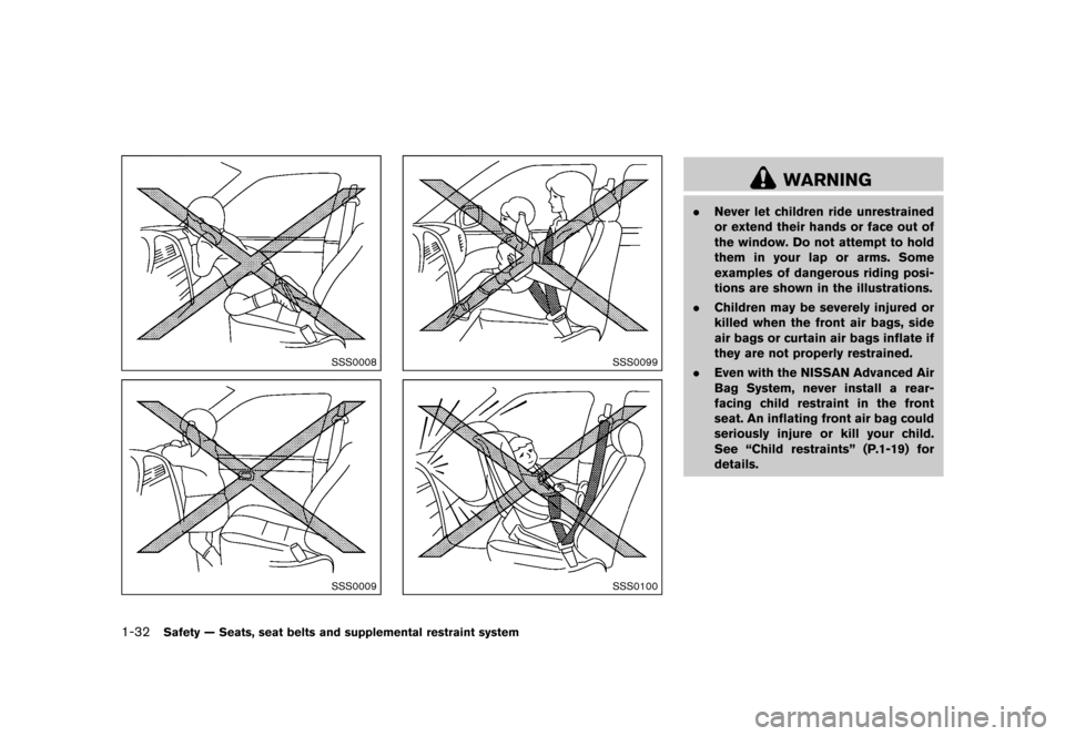NISSAN 370Z ROADSTER 2015 Z34 Workshop Manual ������
�> �(�G�L�W� ����� �� �� �0�R�G�H�O� �=���� �@
1-32Safety Ð Seats, seat belts and supplemental restraint system
SSS0008
SSS0009
SSS0099
SSS0100
WARNING
.Never let children