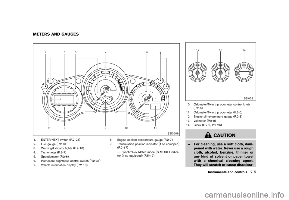 NISSAN 370Z ROADSTER 2015 Z34 Repair Manual ������
�> �(�G�L�W� ����� �� �� �0�R�G�H�O� �=���� �@
GUID-278D386A-E7FF-4693-9355-A651D337A72C
SSI0509
1. ENTER/NEXT switch (P.2-23)
2. Fuel gauge (P.2-8)
3. Warning/Indicator li