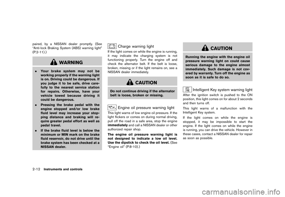 NISSAN 370Z ROADSTER 2015 Z34 Manual PDF       
 >  ( G L W               0 R G H O   =      @
2-12Instruments and controls
paired, by a NISSAN dealer promptly. (See
ªAnti-lock Braking System (ABS) warning lightº
(P.2-