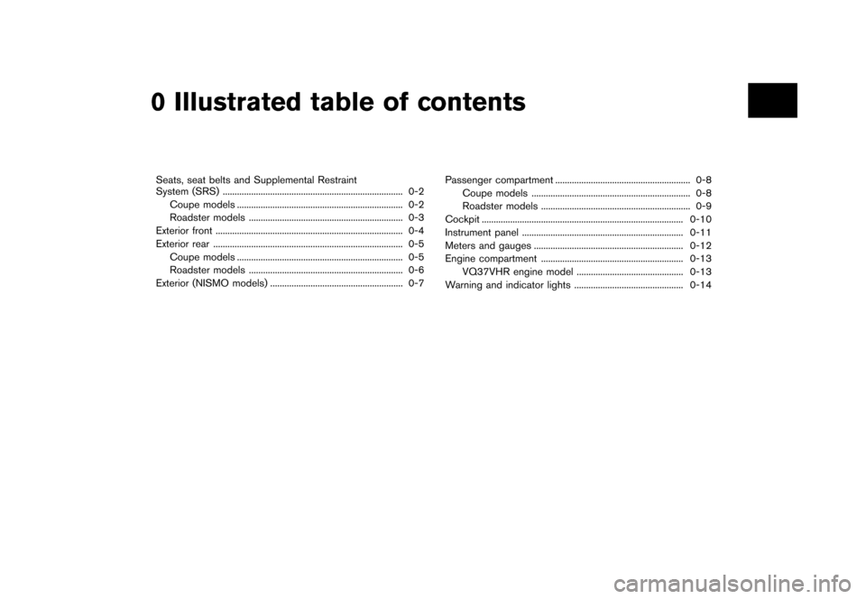 NISSAN 370Z ROADSTER 2015 Z34 Owners Manual �����
�> �(�G�L�W� ����� �� �� �0�R�G�H�O� �=���� �@
0 Illustrated table of contents
Seats, seat belts and Supplemental Restraint
System (SRS)...
..................................