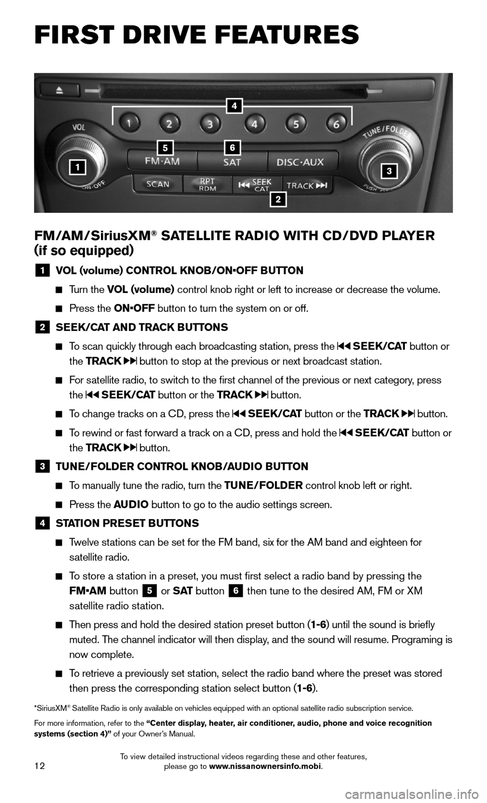 NISSAN 370Z ROADSTER 2015 Z34 Quick Reference Guide 12
FIRST DRIVE FEATURES
FM/AM/SiriusXM® SATELLITE RADIO WITH CD/DVD PLAYER
(if so equipped)
1 VOL (volume) CONTROL KNOB/ON•OFF BUTTON
Turn the VOL (volume) control knob right or left to increa NISSAN 370Z ROADSTER 2015 Z34 Quick Reference Guide 12
FIRST DRIVE FEATURES
FM/AM/SiriusXM® SATELLITE RADIO WITH CD/DVD PLAYER
(if so equipped)
1 VOL (volume) CONTROL KNOB/ON•OFF BUTTON
Turn the VOL (volume) control knob right or left to increa