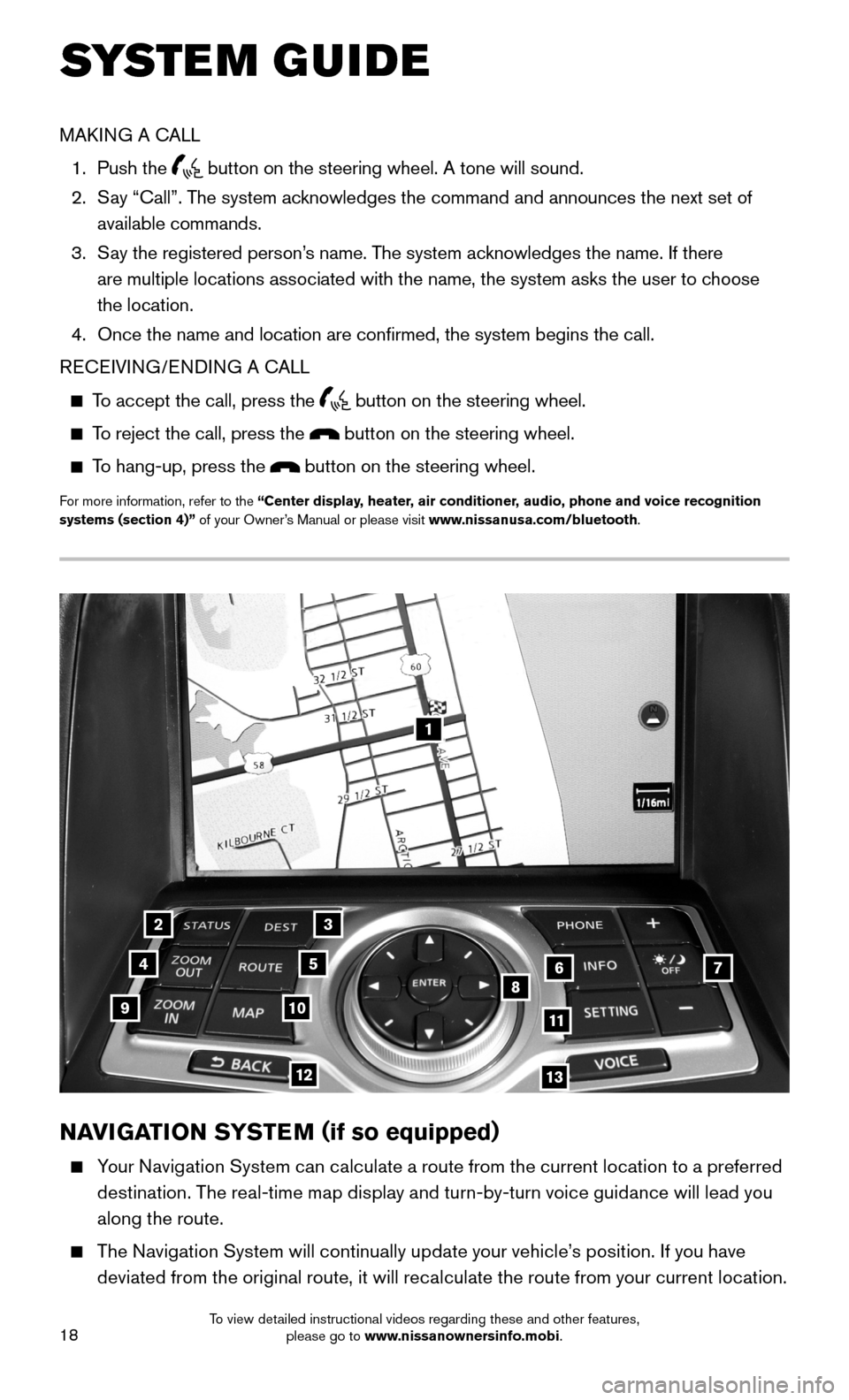 NISSAN 370Z ROADSTER 2015 Z34 Quick Reference Guide 18
1
23
4567891011
1213
NAVIGATION SYSTEM (if so equipped)
Your Navigation System can calculate a route from the current location to a preferred
destination. The real-time map display and turn-b NISSAN 370Z ROADSTER 2015 Z34 Quick Reference Guide 18
1
23
4567891011
1213
NAVIGATION SYSTEM (if so equipped)
Your Navigation System can calculate a route from the current location to a preferred
destination. The real-time map display and turn-b