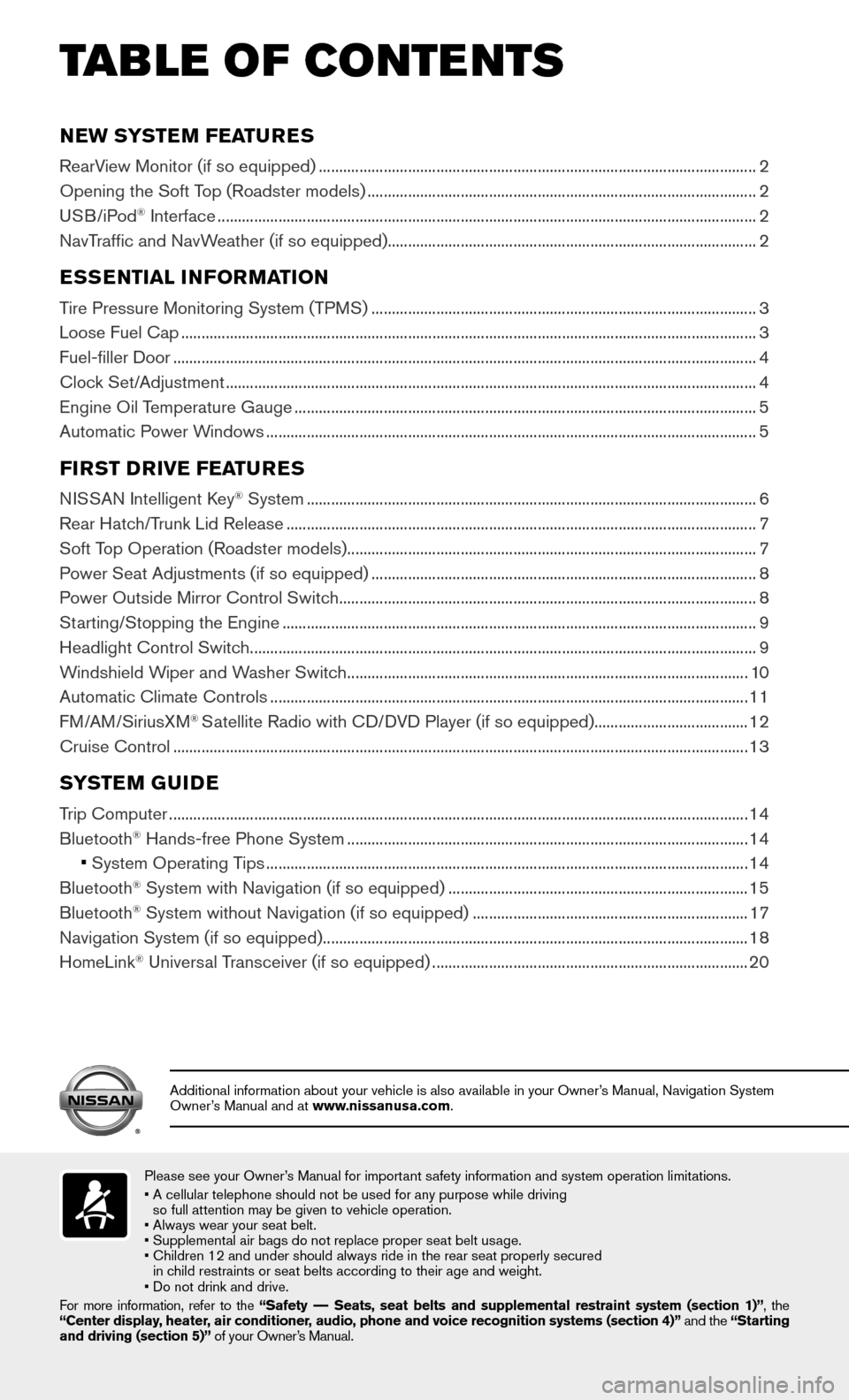 NISSAN 370Z ROADSTER 2015 Z34 Quick Reference Guide NEW SYSTEM FEATURES
RearView Monitor (if so equipped) ........................................................................\
....................................2
Opening the Soft Top (Roadster mod NISSAN 370Z ROADSTER 2015 Z34 Quick Reference Guide NEW SYSTEM FEATURES
RearView Monitor (if so equipped) ........................................................................\
....................................2
Opening the Soft Top (Roadster mod