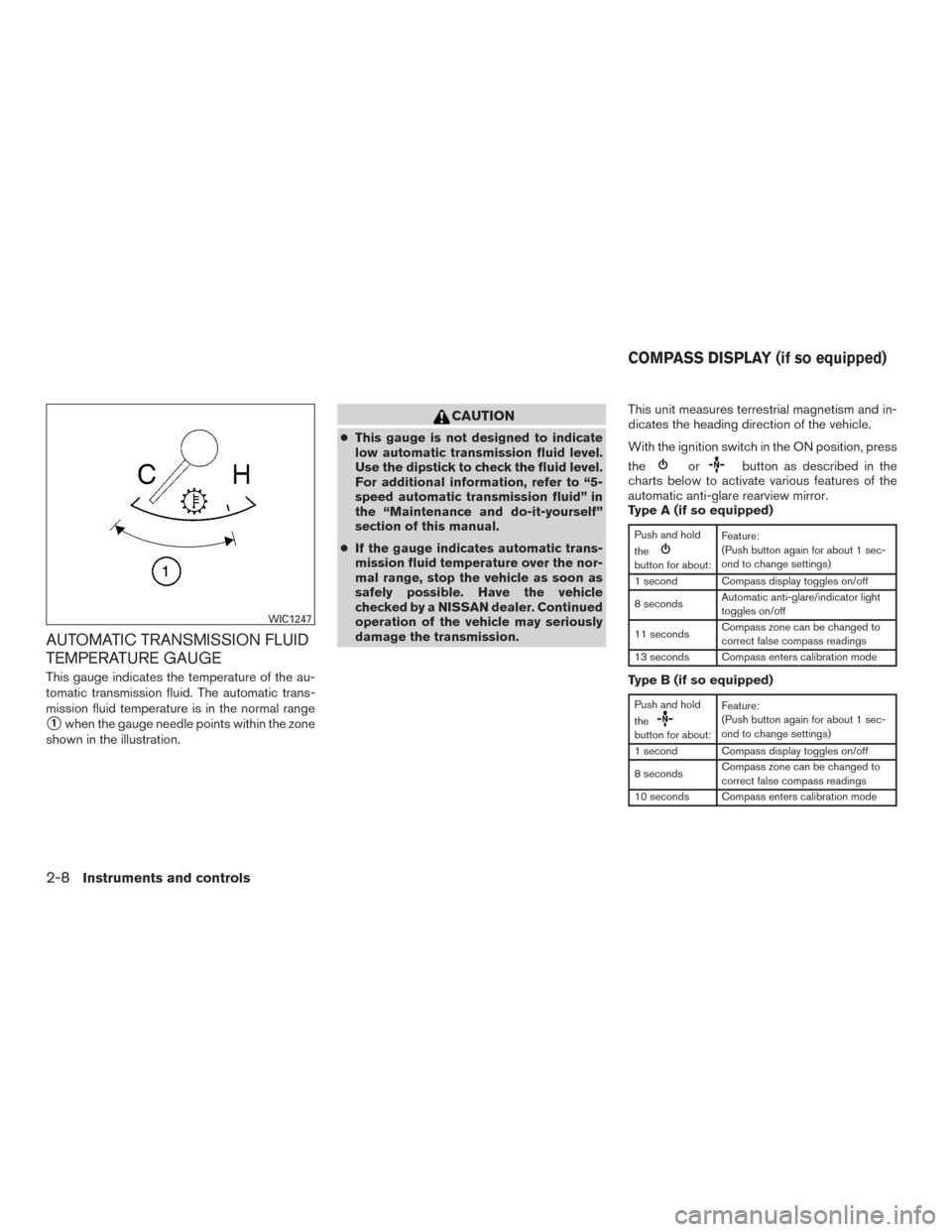 NISSAN ARMADA 2015 1.G Owners Manual AUTOMATIC TRANSMISSION FLUID
TEMPERATURE GAUGE
This gauge indicates the temperature of the au-
tomatic transmission fluid. The automatic trans-
mission fluid temperature is in the normal range
1when 