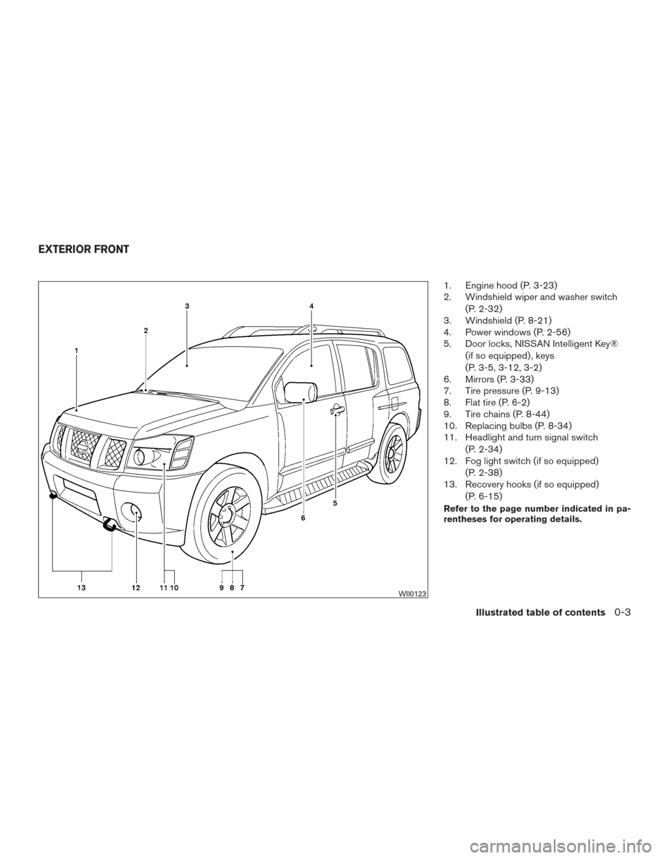 NISSAN ARMADA 2015 1.G Owners Manual 1. Engine hood (P. 3-23)
2. Windshield wiper and washer switch(P. 2-32)
3. Windshield (P. 8-21)
4. Power windows (P. 2-56)
5. Door locks, NISSAN Intelligent Key®
(if so equipped) , keys
(P. 3-5, 3-12