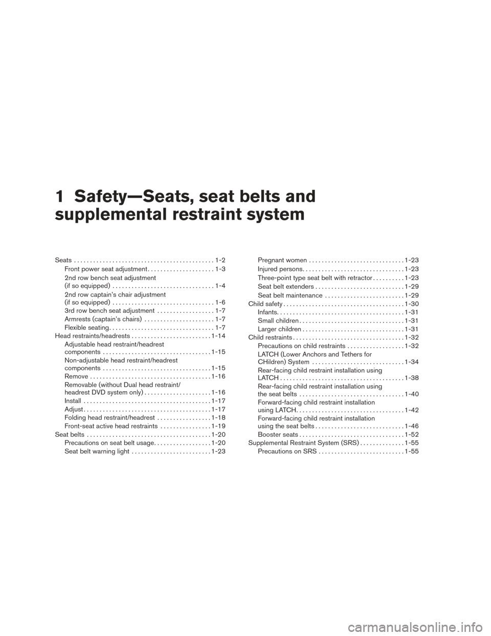 NISSAN ARMADA 2015 1.G Owners Manual 1 Safety—Seats, seat belts and
supplemental restraint system
Seats............................................1-2
Front power seat adjustment .....................1-3
2nd row bench seat adjustment
(