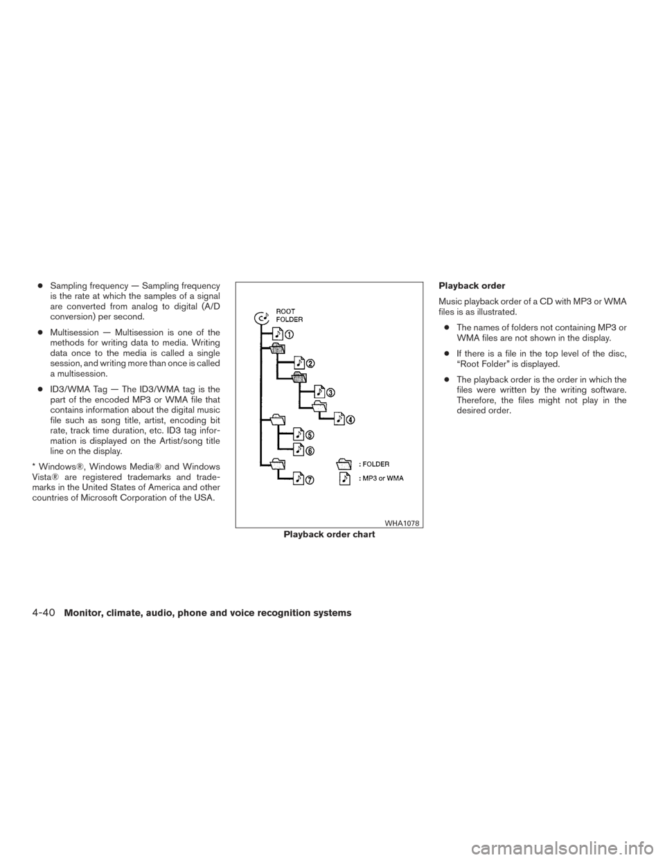 NISSAN ARMADA 2015 1.G Owners Manual ●Sampling frequency — Sampling frequency
is the rate at which the samples of a signal
are converted from analog to digital (A/D
conversion) per second.
● Multisession — Multisession is one of 