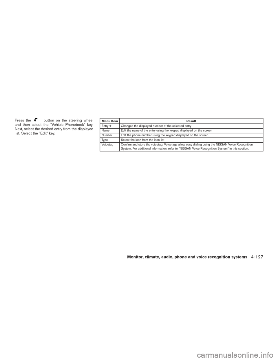 NISSAN ARMADA 2015 1.G Owners Guide Press thebutton on the steering wheel
and then select the Vehicle Phonebook key.
Next, select the desired entry from the displayed
list. Select the Editkey.Menu Item Result
Entry # Changes the dis