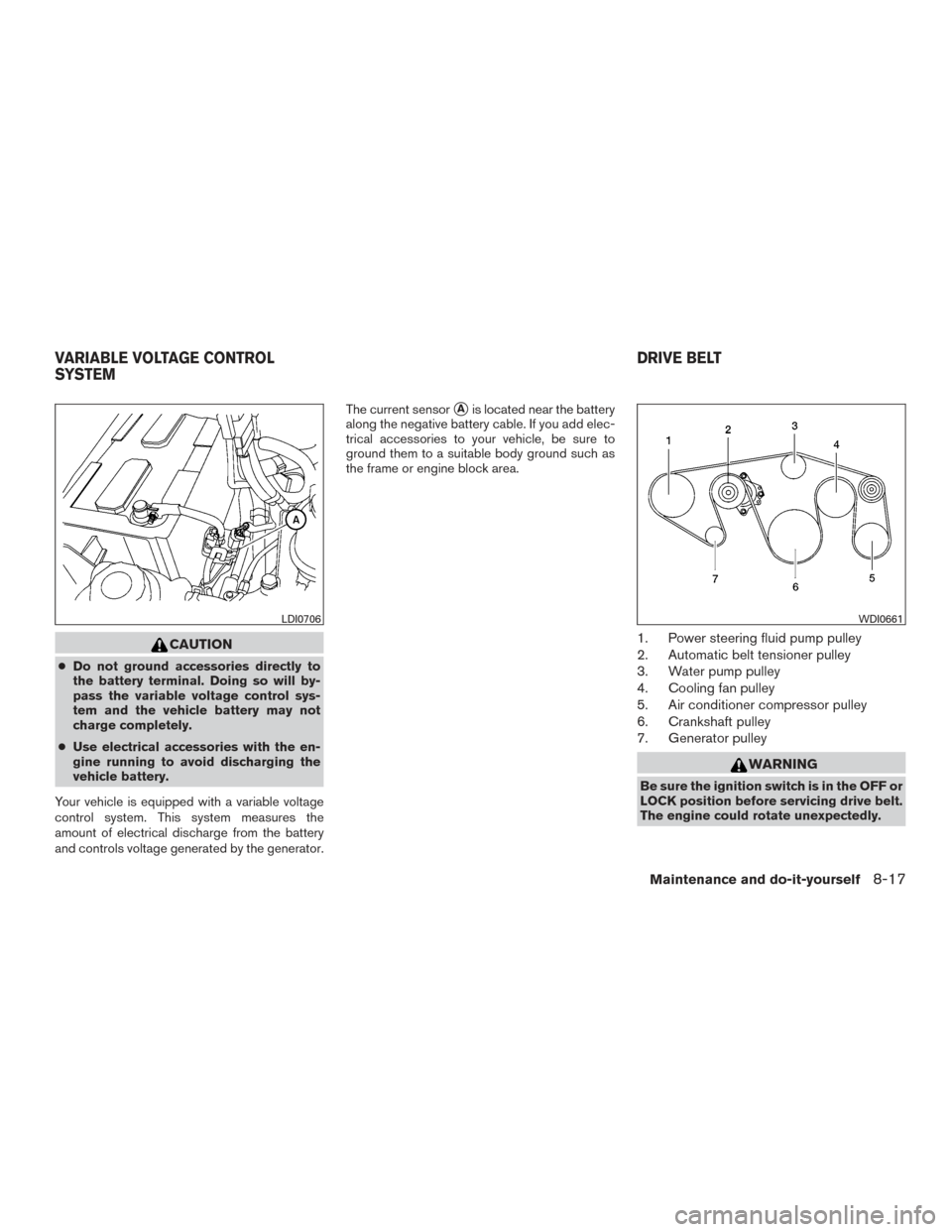 NISSAN ARMADA 2015 1.G Owners Manual CAUTION
●Do not ground accessories directly to
the battery terminal. Doing so will by-
pass the variable voltage control sys-
tem and the vehicle battery may not
charge completely.
● Use electrica