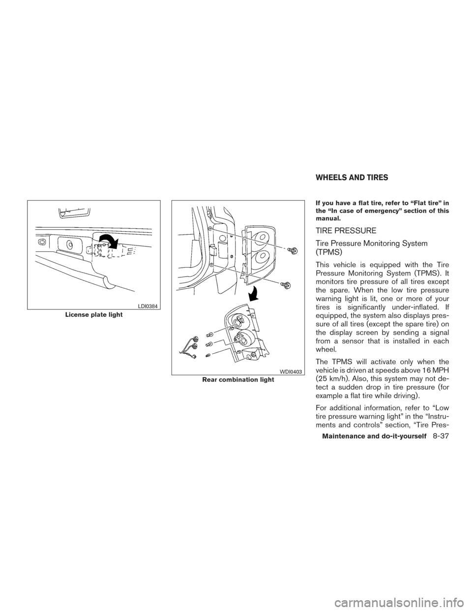 NISSAN ARMADA 2015 1.G User Guide If you have a flat tire, refer to “Flat tire” in
the “In case of emergency” section of this
manual.
TIRE PRESSURE
Tire Pressure Monitoring System
(TPMS)
This vehicle is equipped with the Tire
