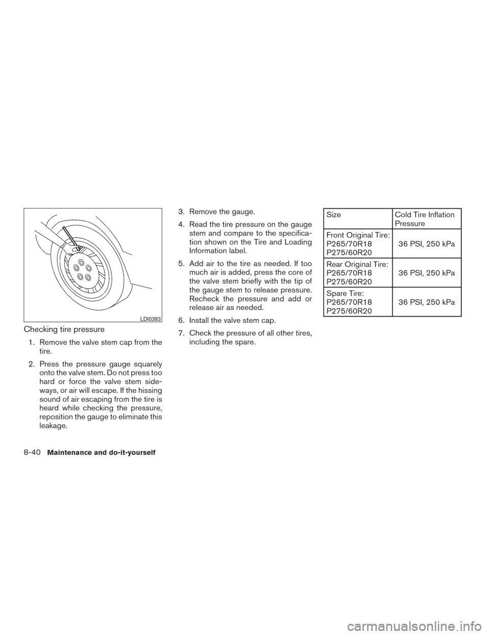 NISSAN ARMADA 2015 1.G Owners Manual Checking tire pressure
1. Remove the valve stem cap from thetire.
2. Press the pressure gauge squarely onto the valve stem. Do not press too
hard or force the valve stem side-
ways, or air will escape