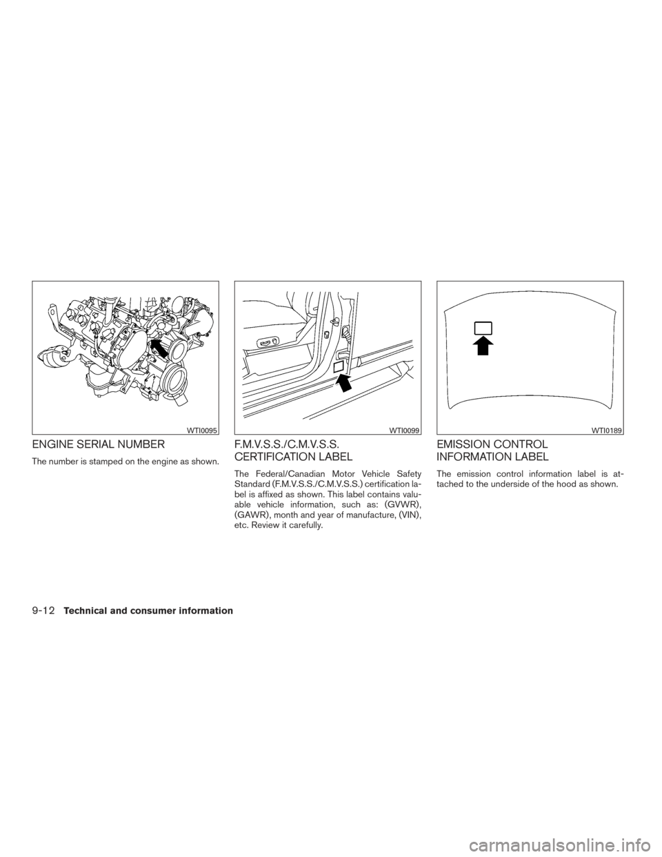 NISSAN ARMADA 2015 1.G Owners Manual ENGINE SERIAL NUMBER
The number is stamped on the engine as shown.
F.M.V.S.S./C.M.V.S.S.
CERTIFICATION LABEL
The Federal/Canadian Motor Vehicle Safety
Standard (F.M.V.S.S./C.M.V.S.S.) certification la