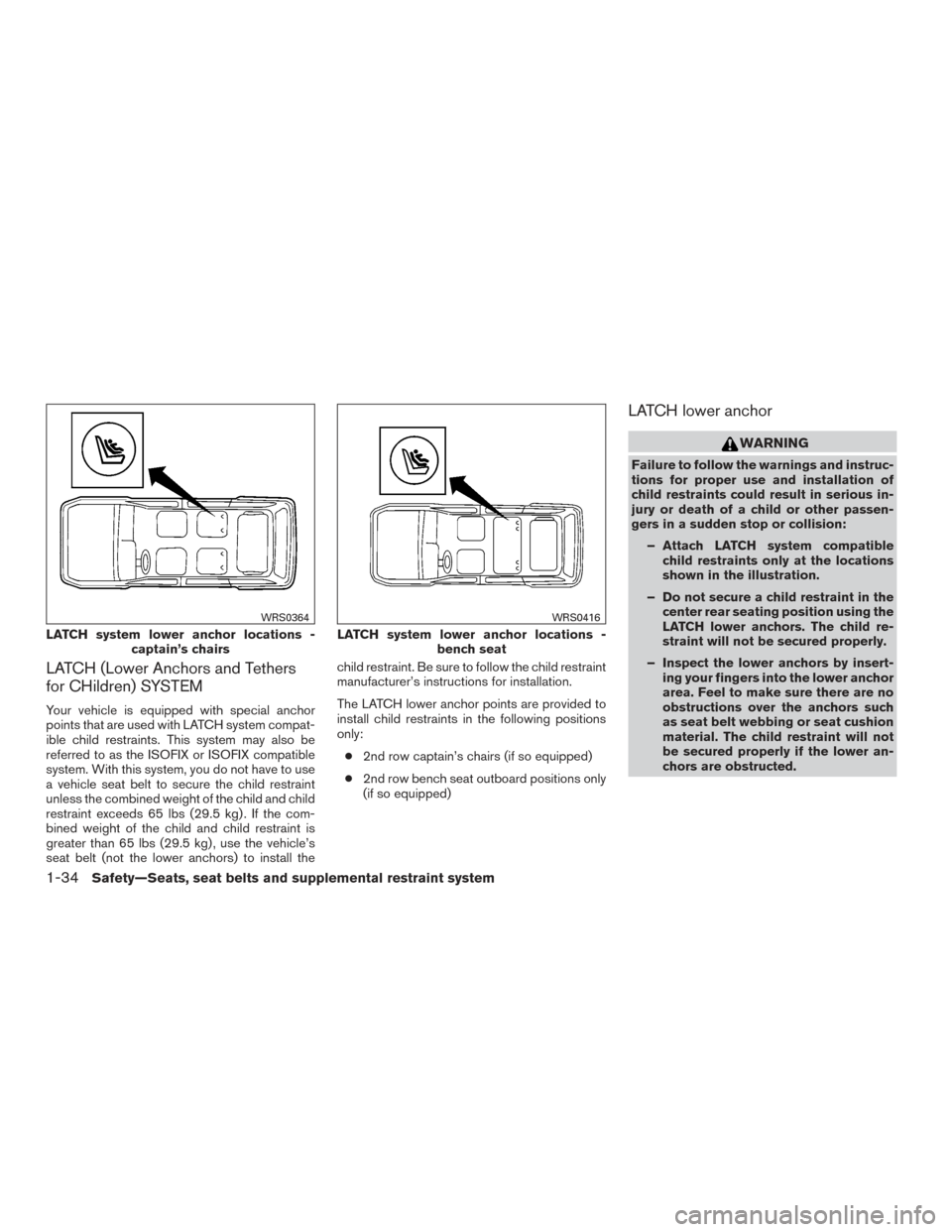 NISSAN ARMADA 2015 1.G Owners Guide LATCH (Lower Anchors and Tethers
for CHildren) SYSTEM
Your vehicle is equipped with special anchor
points that are used with LATCH system compat-
ible child restraints. This system may also be
referre