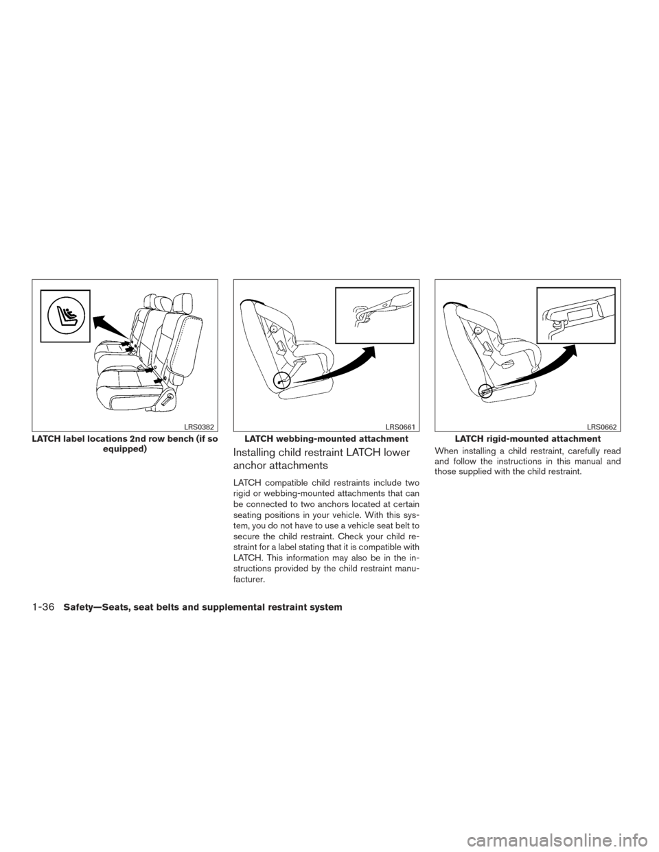 NISSAN ARMADA 2015 1.G Service Manual Installing child restraint LATCH lower
anchor attachments
LATCH compatible child restraints include two
rigid or webbing-mounted attachments that can
be connected to two anchors located at certain
sea
