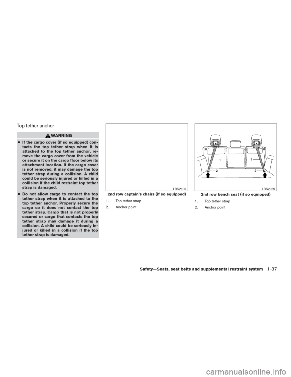NISSAN ARMADA 2015 1.G Workshop Manual Top tether anchor
WARNING
●If the cargo cover (if so equipped) con-
tacts the top tether strap when it is
attached to the top tether anchor, re-
move the cargo cover from the vehicle
or secure it on NISSAN ARMADA 2015 1.G Workshop Manual Top tether anchor
WARNING
●If the cargo cover (if so equipped) con-
tacts the top tether strap when it is
attached to the top tether anchor, re-
move the cargo cover from the vehicle
or secure it on