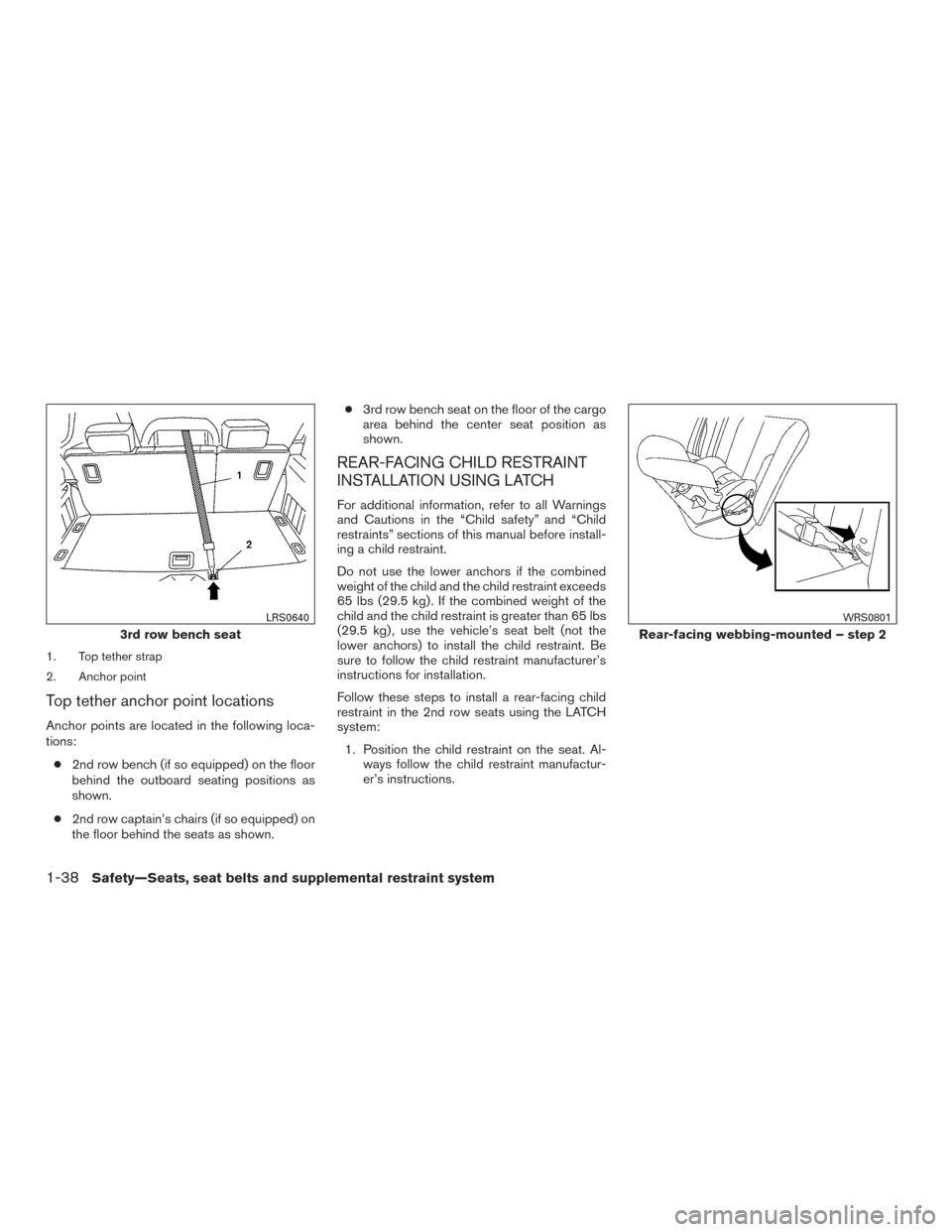 NISSAN ARMADA 2015 1.G Owners Manual 1. Top tether strap
2. Anchor point
Top tether anchor point locations
Anchor points are located in the following loca-
tions:● 2nd row bench (if so equipped) on the floor
behind the outboard seating NISSAN ARMADA 2015 1.G Owners Manual 1. Top tether strap
2. Anchor point
Top tether anchor point locations
Anchor points are located in the following loca-
tions:● 2nd row bench (if so equipped) on the floor
behind the outboard seating