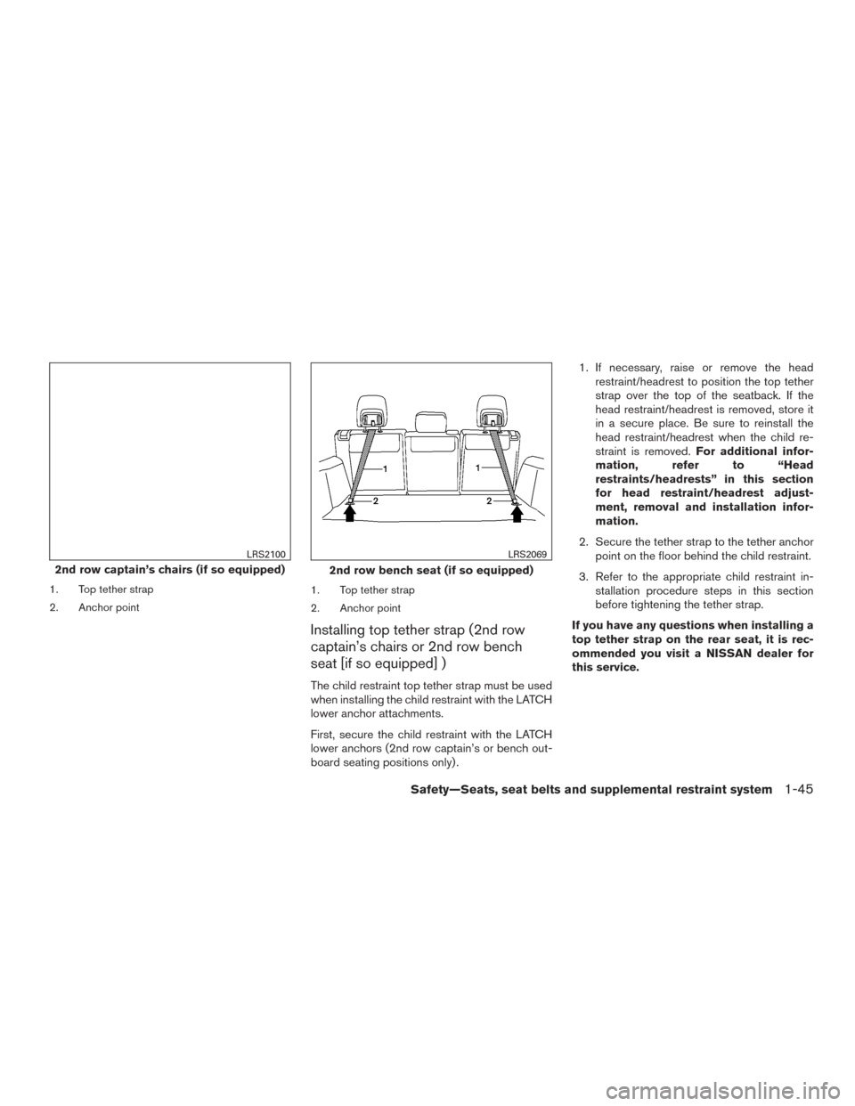 NISSAN ARMADA 2015 1.G User Guide 1. Top tether strap
2. Anchor point1. Top tether strap
2. Anchor point
Installing top tether strap (2nd row
captain’s chairs or 2nd row bench
seat [if so equipped] )
The child restraint top tether s