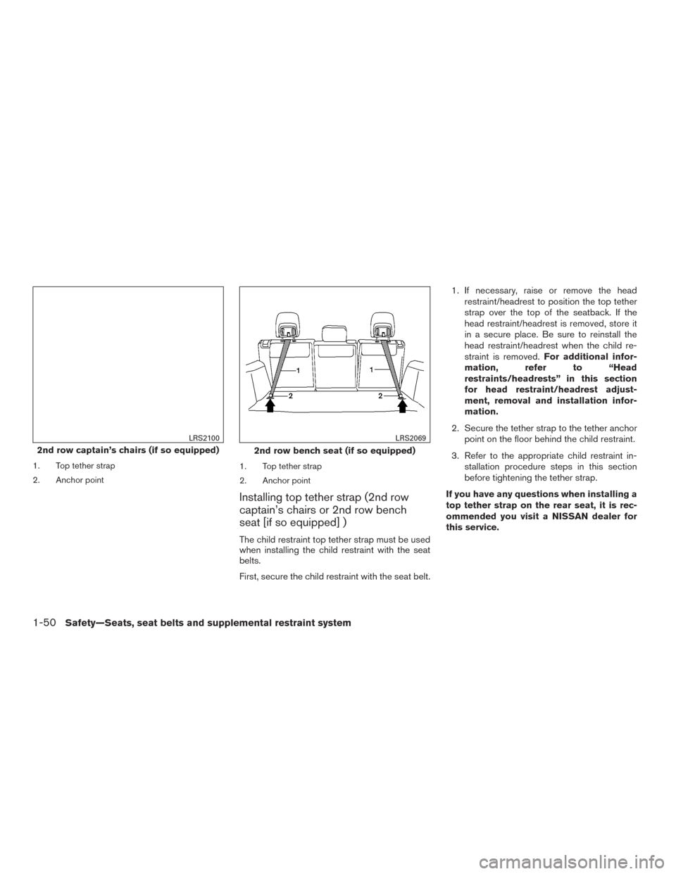 NISSAN ARMADA 2015 1.G Owners Manual 1. Top tether strap
2. Anchor point1. Top tether strap
2. Anchor point
Installing top tether strap (2nd row
captain’s chairs or 2nd row bench
seat [if so equipped] )
The child restraint top tether s