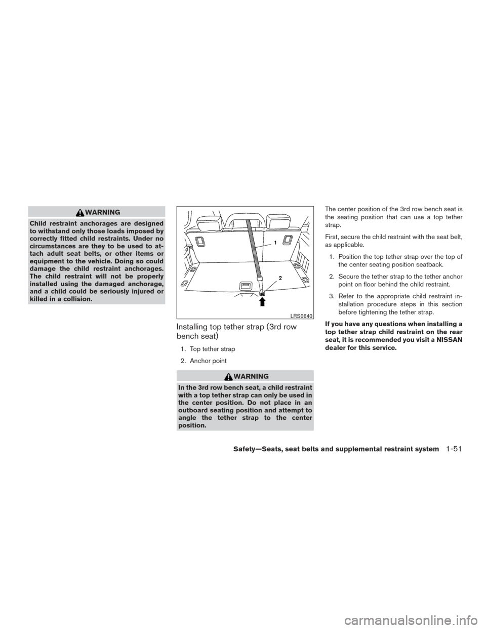 NISSAN ARMADA 2015 1.G Manual PDF WARNING
Child restraint anchorages are designed
to withstand only those loads imposed by
correctly fitted child restraints. Under no
circumstances are they to be used to at-
tach adult seat belts, or 